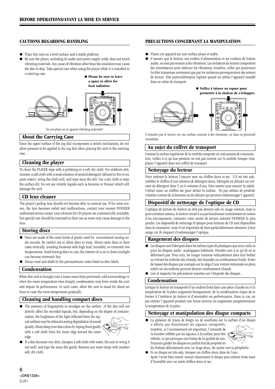Cleaning the player, Cd lens cleaner, Storing discs | Condensation, Nettoyage du lecteur, Dispositif de nettoyage de l’optique de cd, Cleaning and handling compact discs, Nettoyage et manipulation des disque compacts, Rangement des disques, About the carrying case | Pioneer CDJ-1000 MK2 User Manual | Page 6 / 96