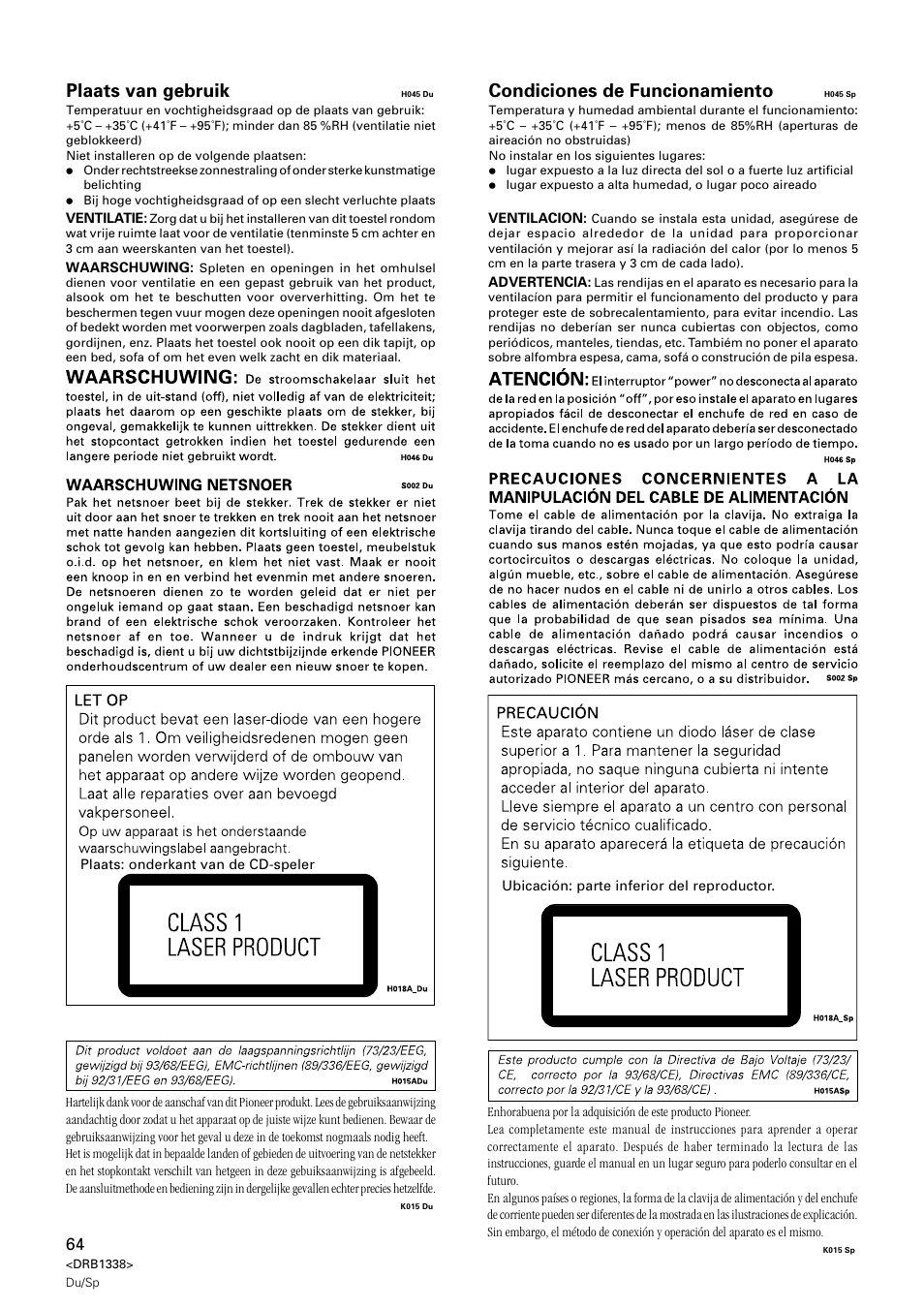 Plaats van gebruik, Condiciones de funcionamiento | Pioneer CDJ-1000 MK2 User Manual | Page 64 / 96