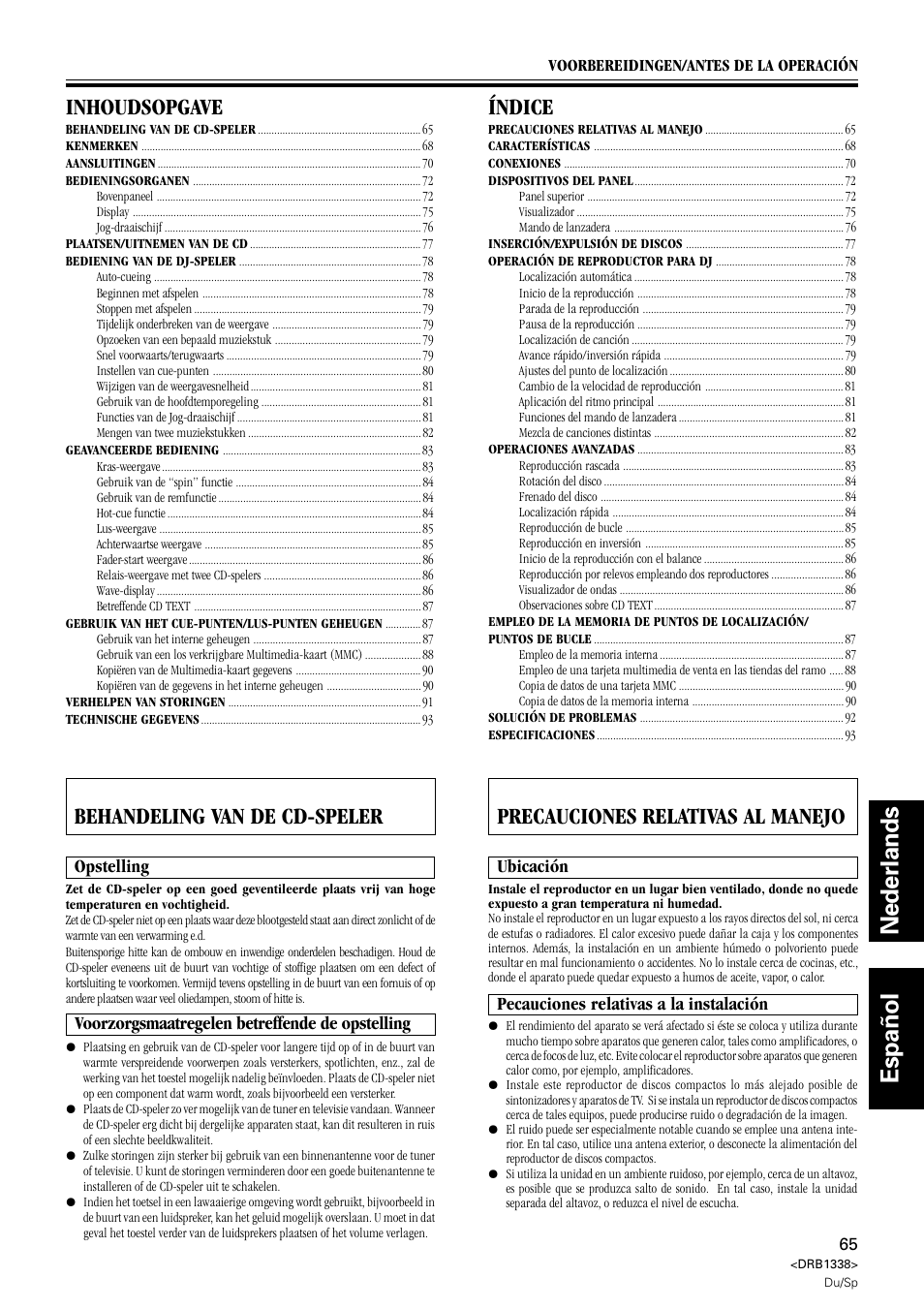 Nederlands español, Inhoudsopgave, Behandeling van de cd-speler | Índice, Precauciones relativas al manejo | Pioneer CDJ-1000 MK2 User Manual | Page 65 / 96