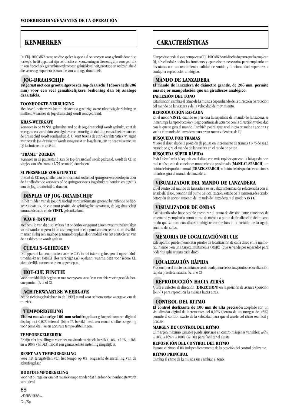 Kenmerken, Características | Pioneer CDJ-1000 MK2 User Manual | Page 68 / 96
