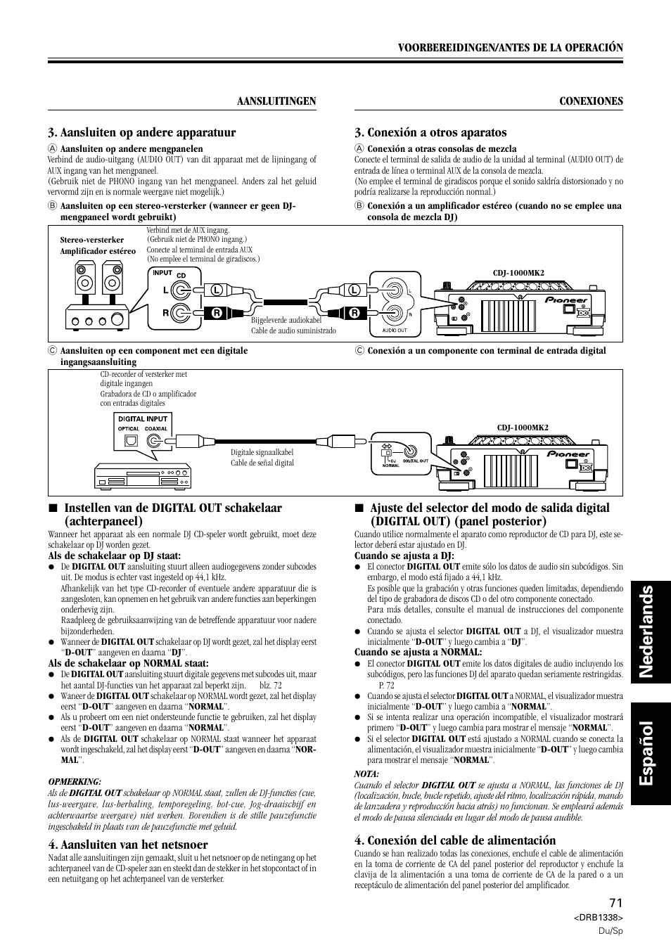 Nederlands espa ñ ol, Aansluiten op andere apparatuur, Conexión a otros aparatos | Aansluiten van het netsnoer, Conexión del cable de alimentación | Pioneer CDJ-1000 MK2 User Manual | Page 71 / 96