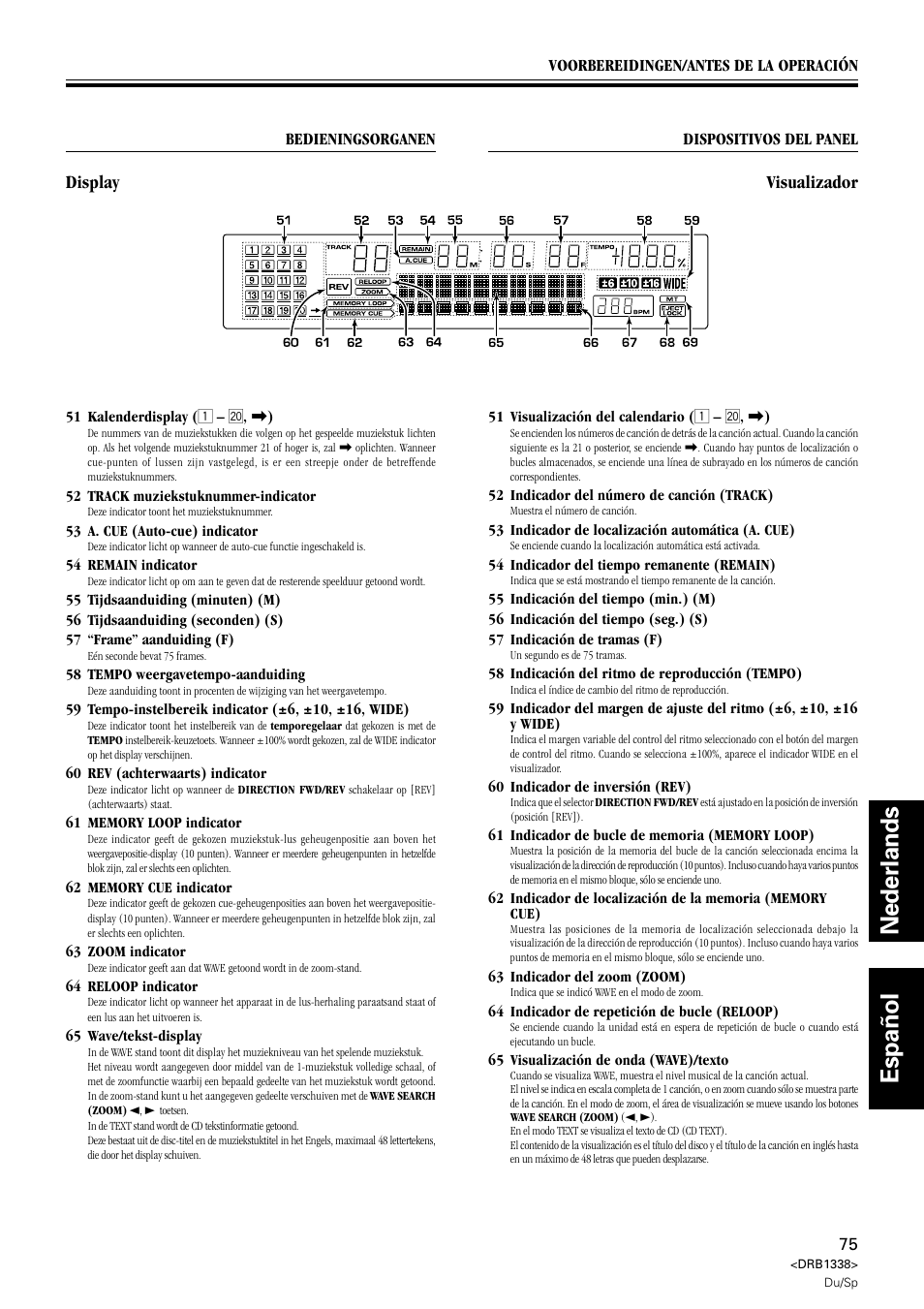 Display, Visualizador, Nederlands espa ñ ol | Pioneer CDJ-1000 MK2 User Manual | Page 75 / 96