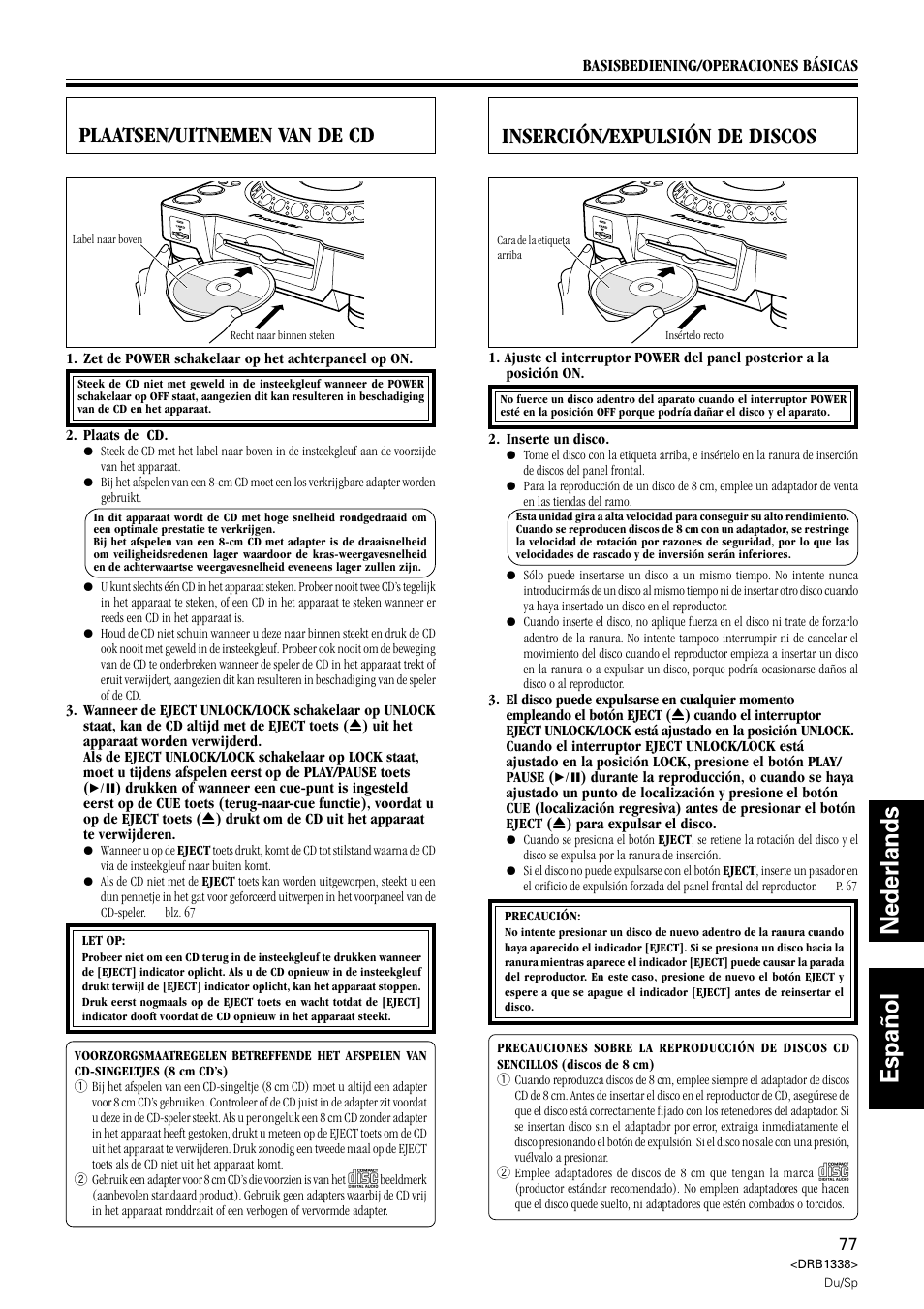 Plaatsen/uitnemen van de cd, Inserción/expulsión de discos, Nederlands español | Pioneer CDJ-1000 MK2 User Manual | Page 77 / 96