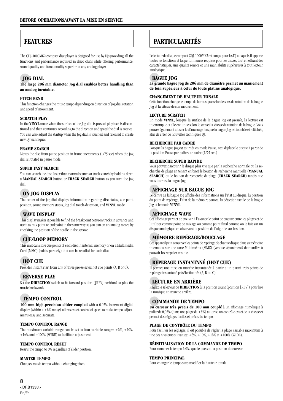 Particularites, Features, Features particularités | Pioneer CDJ-1000 MK2 User Manual | Page 8 / 96