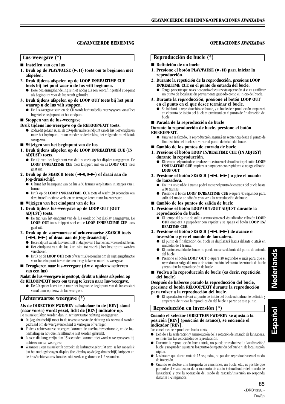 Lus-weergave achterwaartse weergave, Reproducción de bucle reproducción en inversión, Nederlands español | Lus-weergave (*), Achterwaartse weergave (*), Reproducción de bucle (*), Reproducción en inversión (*) | Pioneer CDJ-1000 MK2 User Manual | Page 85 / 96