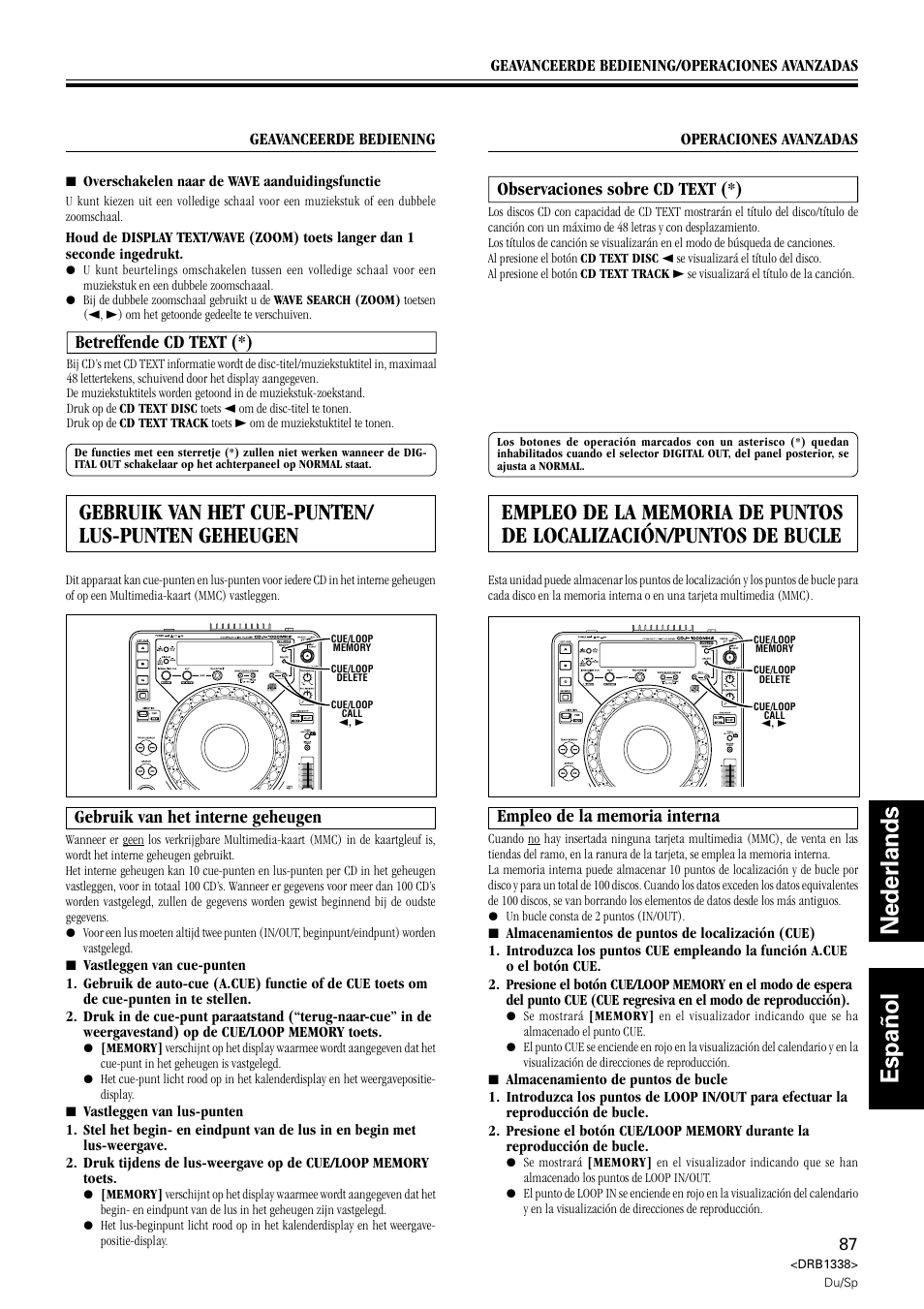 Betreffende cd text, Gebruik van het cue-punten/lus-punten geheugen, Gebruik van het interne geheugen | Observaciones sobre cd text, Empleo de la memoria interna, Nederlands español, Gebruik van het cue-punten/ lus-punten geheugen, Betreffende cd text (*), Observaciones sobre cd text (*) | Pioneer CDJ-1000 MK2 User Manual | Page 87 / 96