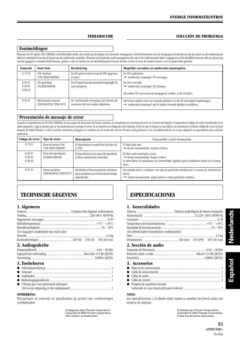 Technische gegevens, Especificaciones, Nederlands espa ñ ol | Foutmeldingen, Algemeen, Audiogedeelte, Toebehoren, Presentación de mensaje de error, Generalidades, Sección de audio | Pioneer CDJ-1000 MK2 User Manual | Page 93 / 96
