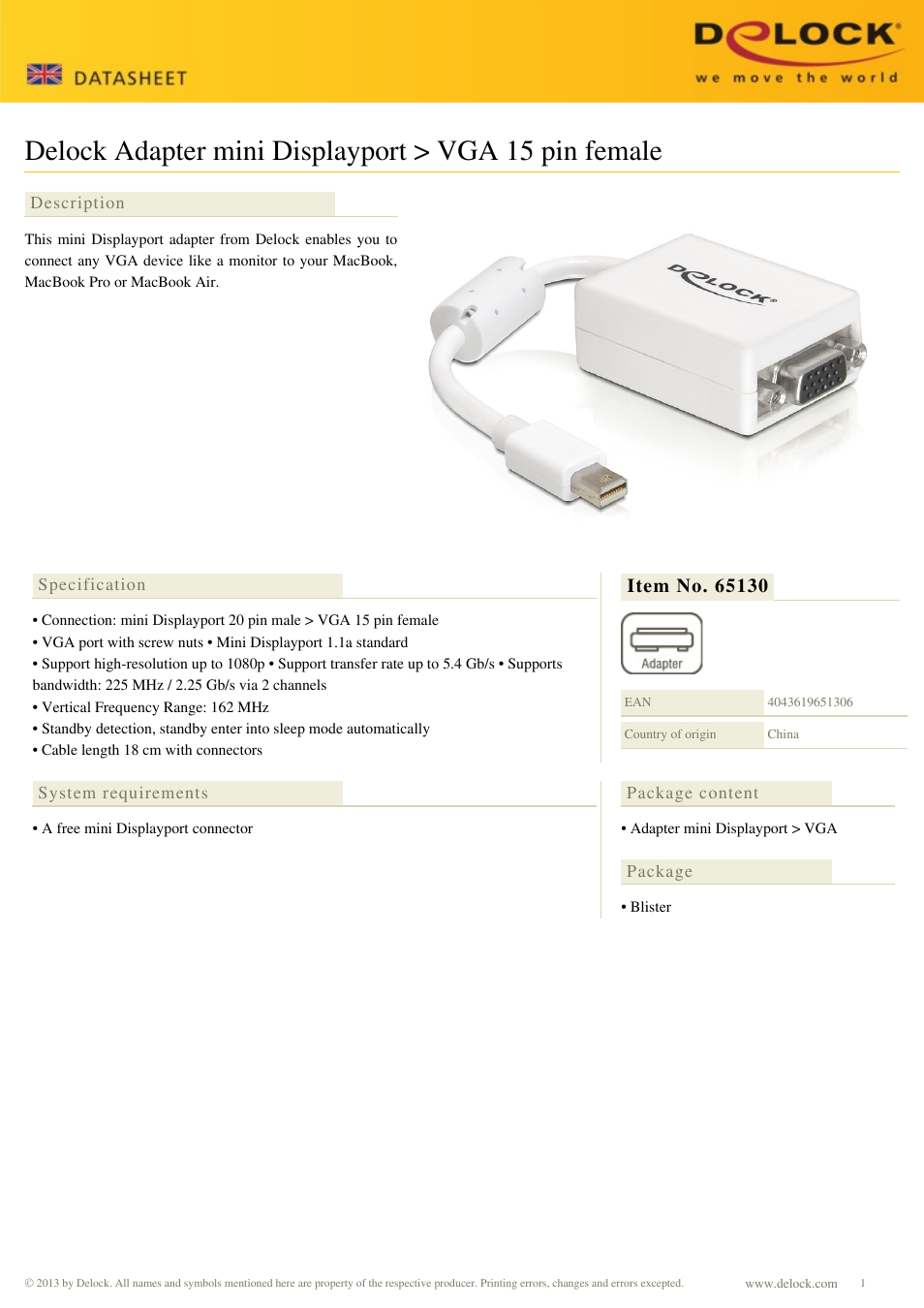 DeLOCK 65130 User Manual | 1 page