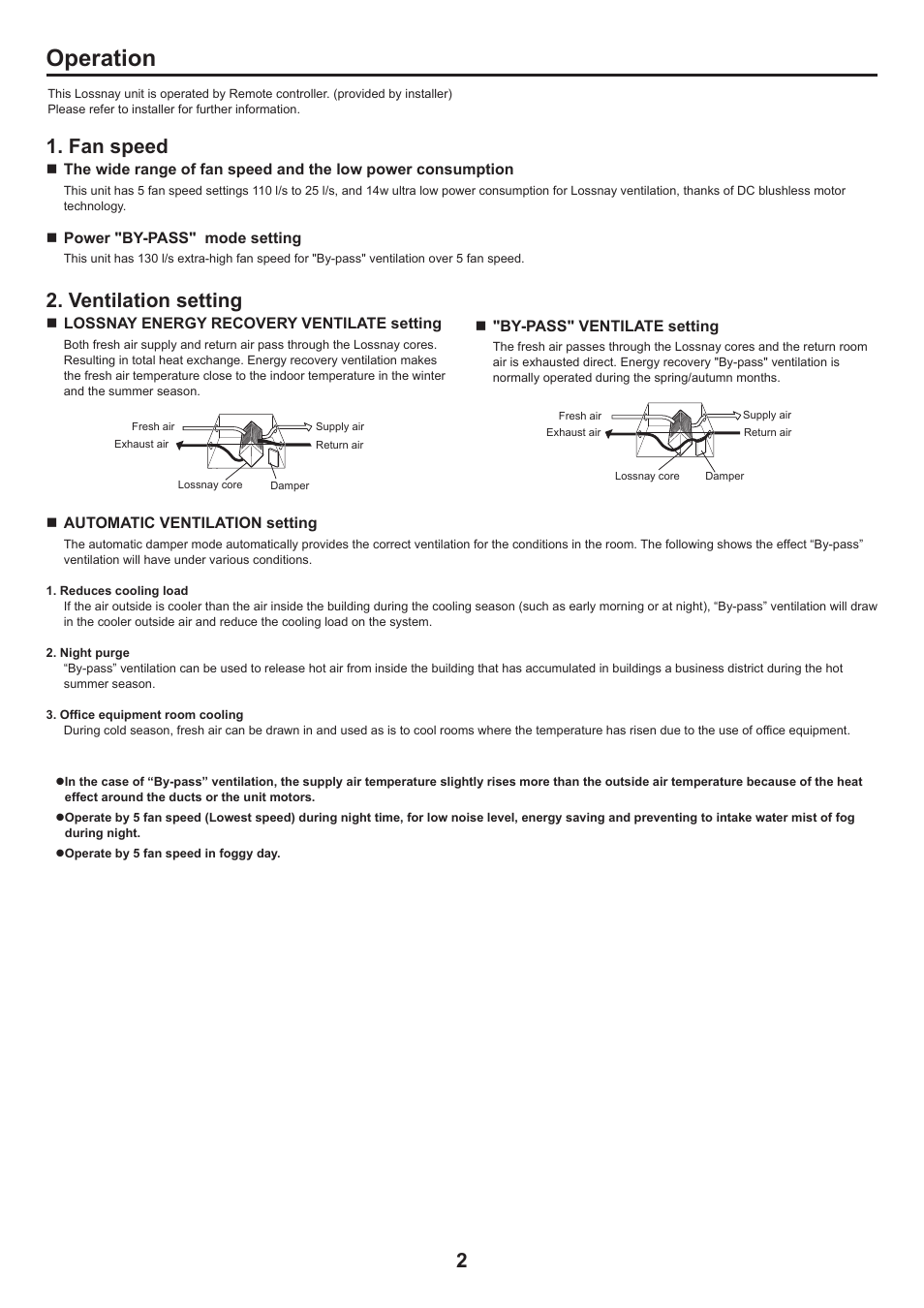 Operation, Fan speed, Ventilation setting | MITSUBISHI ELECTRIC LGH-50RSDC-E User Manual | Page 2 / 4