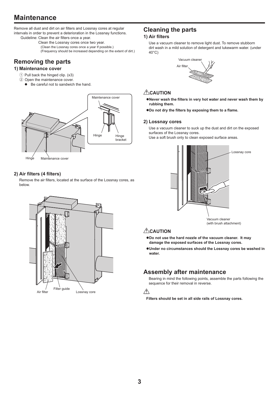 Maintenance, Cleaning the parts, Assembly after maintenance | Removing the parts | MITSUBISHI ELECTRIC LGH-50RSDC-E User Manual | Page 3 / 4