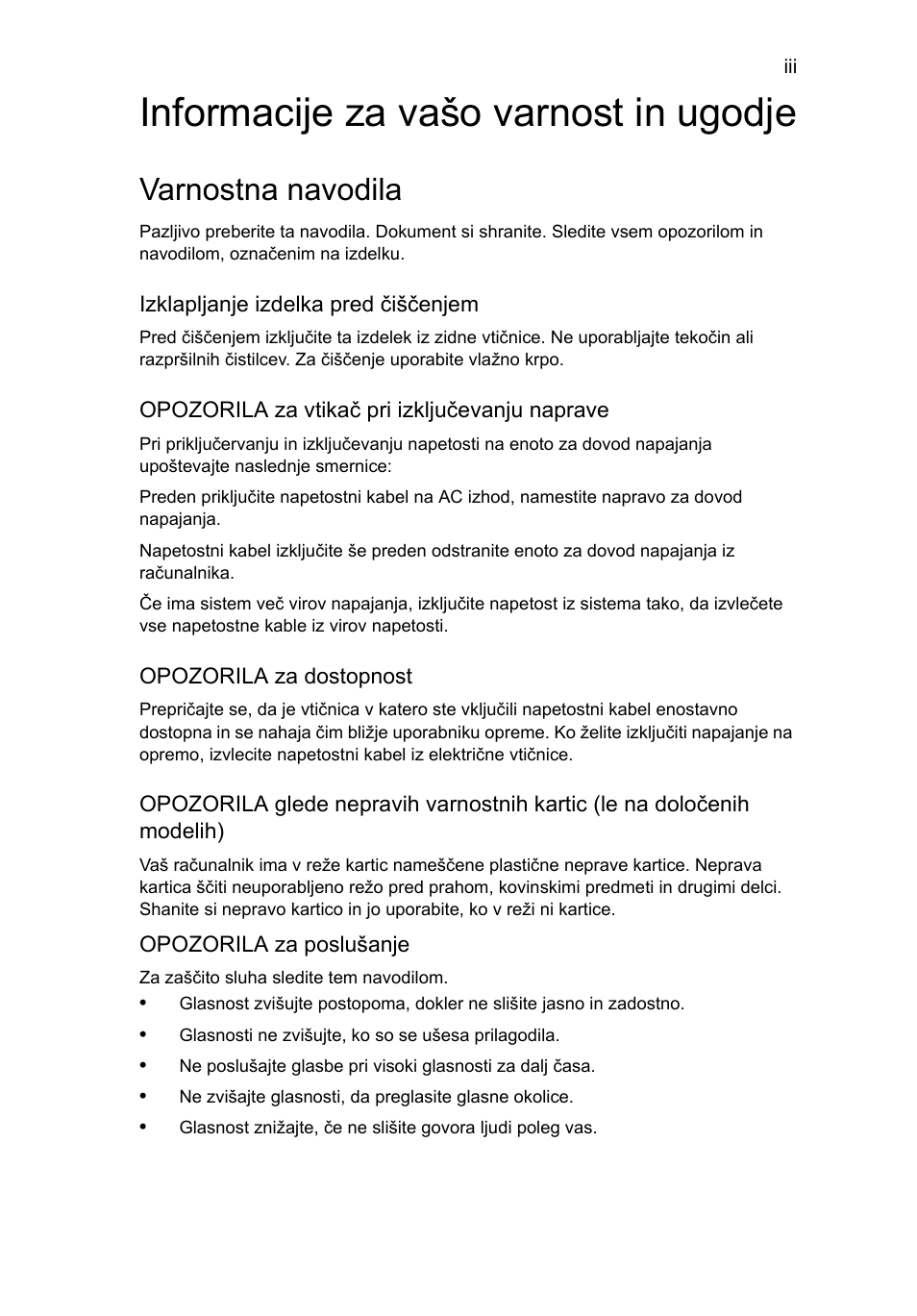 Informacije za vašo varnost in ugodje, Varnostna navodila | Acer Aspire One AO722 User Manual | Page 1011 / 1810
