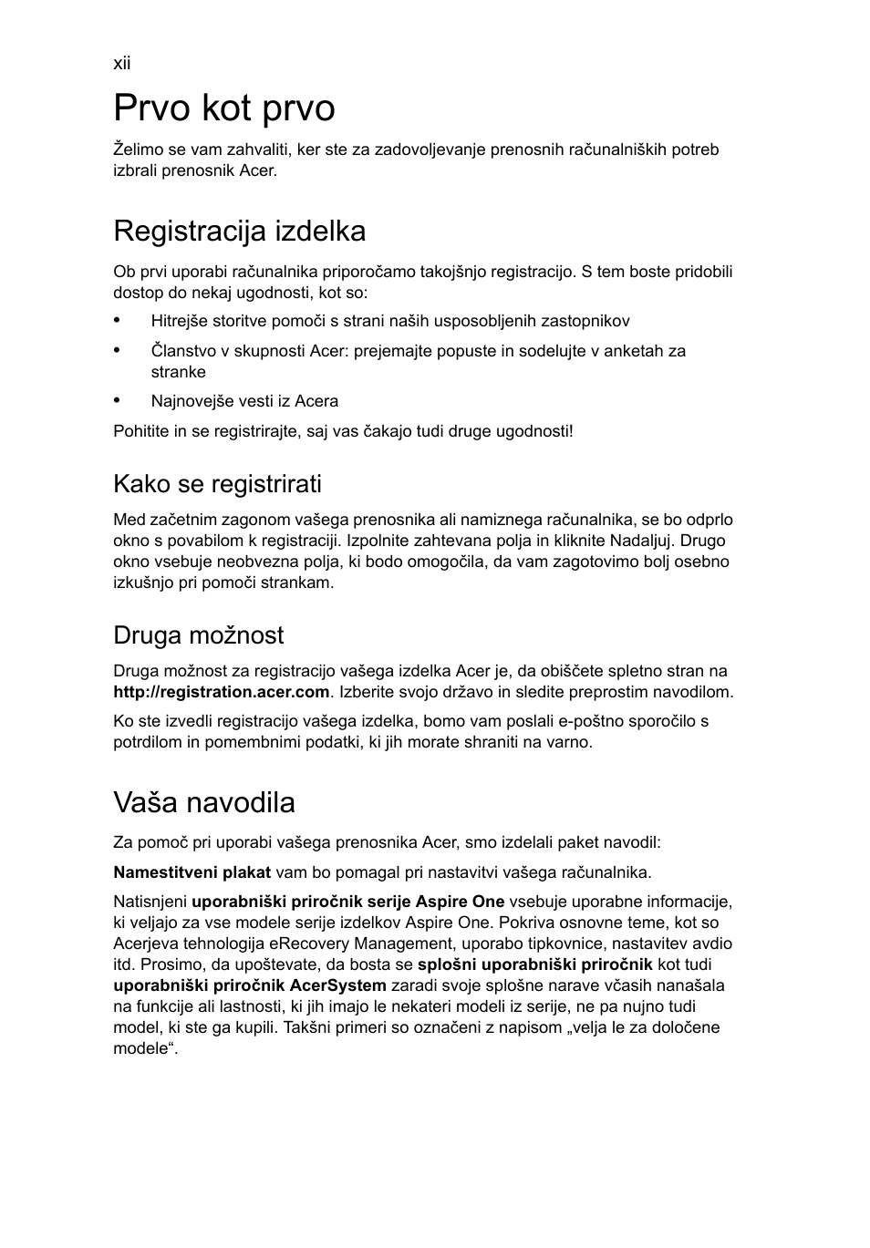 Prvo kot prvo, Registracija izdelka, Vaša navodila | Kako se registrirati, Druga možnost | Acer Aspire One AO722 User Manual | Page 1020 / 1810