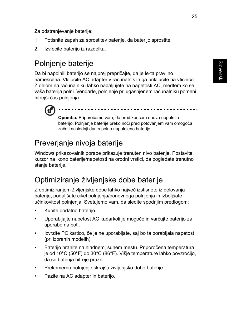 Polnjenje baterije, Preverjanje nivoja baterije, Optimiziranje življenjske dobe baterije | Acer Aspire One AO722 User Manual | Page 1051 / 1810