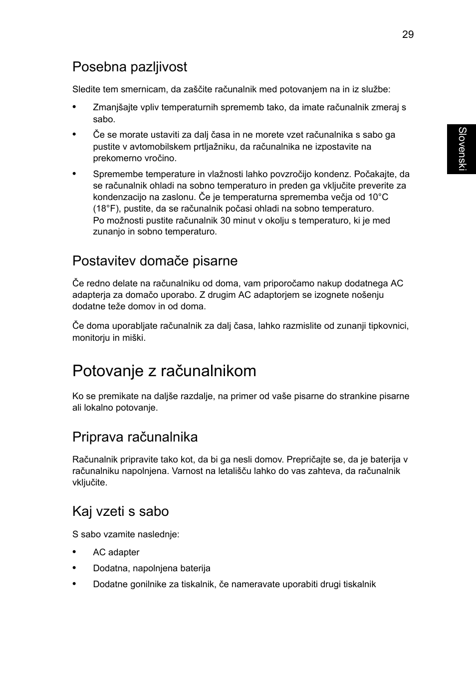 Potovanje z računalnikom, Posebna pazljivost, Postavitev domače pisarne | Priprava računalnika, Kaj vzeti s sabo | Acer Aspire One AO722 User Manual | Page 1055 / 1810