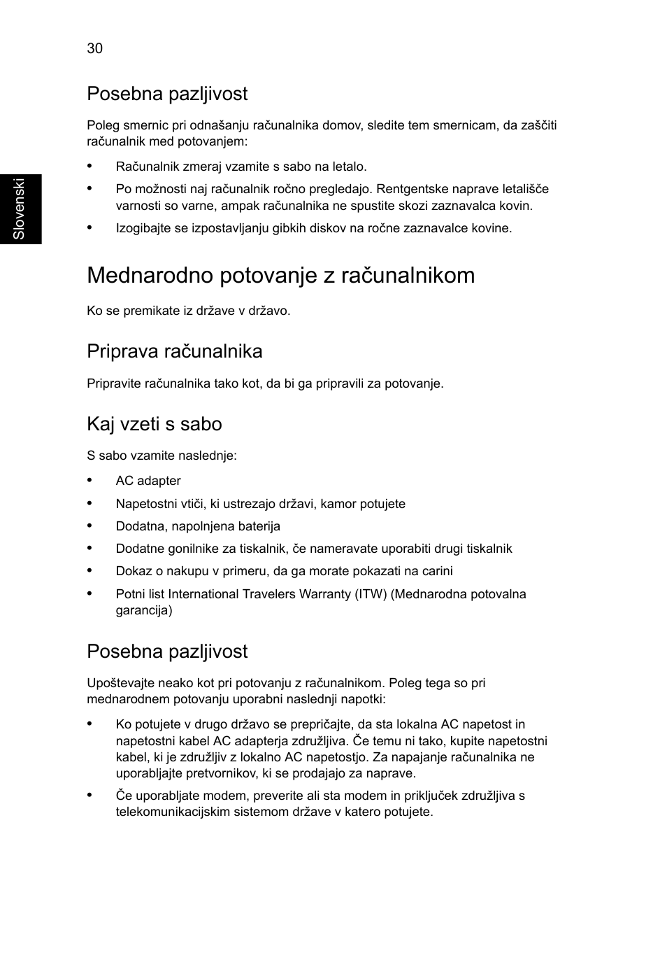 Mednarodno potovanje z računalnikom, Posebna pazljivost, Priprava računalnika | Kaj vzeti s sabo | Acer Aspire One AO722 User Manual | Page 1056 / 1810