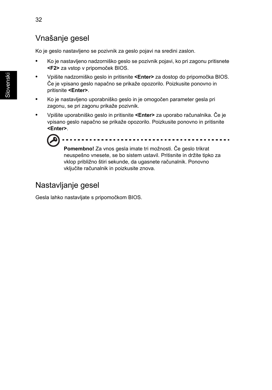 Vnašanje gesel, Nastavljanje gesel | Acer Aspire One AO722 User Manual | Page 1058 / 1810