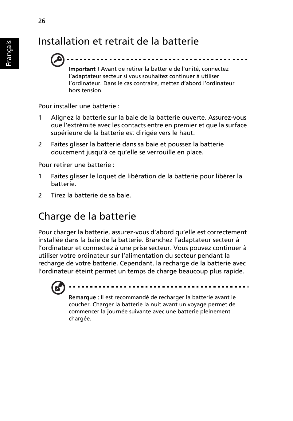 Installation et retrait de la batterie, Charge de la batterie | Acer Aspire One AO722 User Manual | Page 106 / 1810