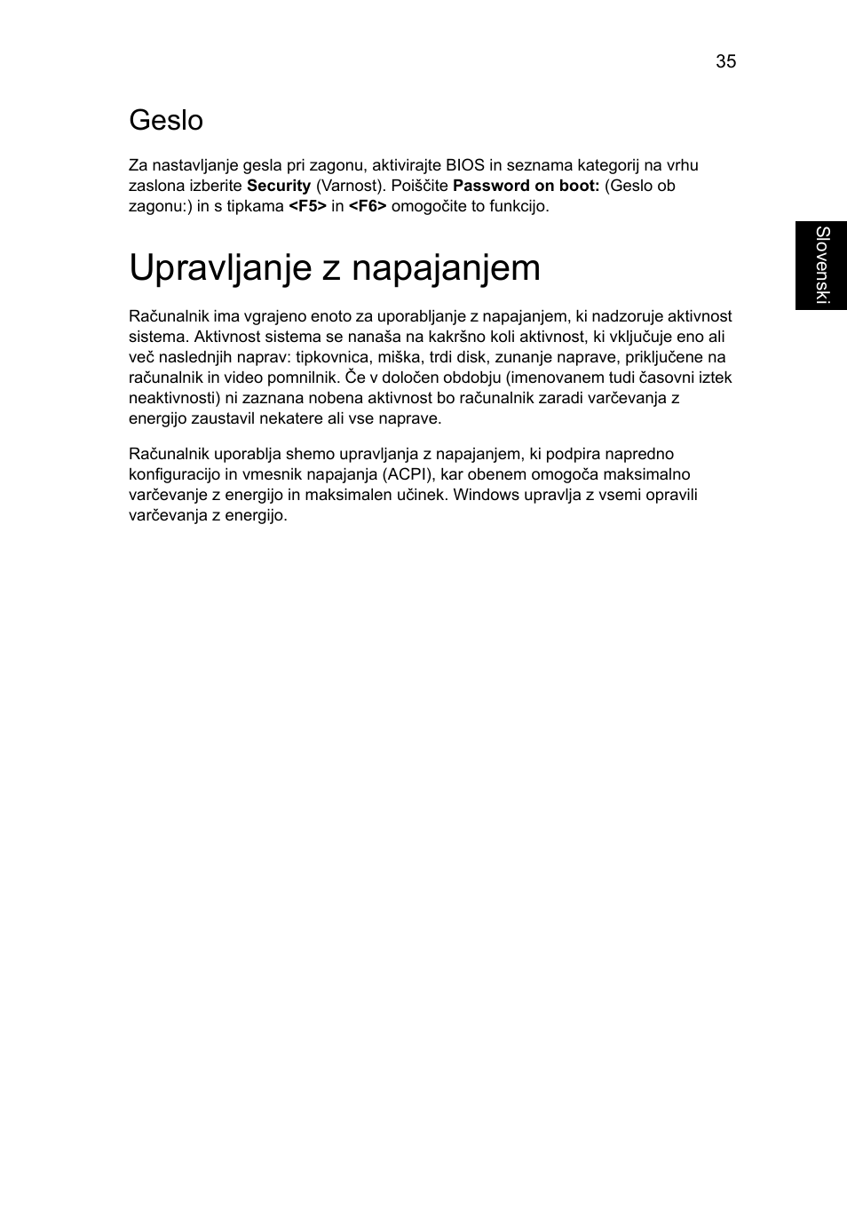 Upravljanje z napajanjem, Geslo | Acer Aspire One AO722 User Manual | Page 1061 / 1810