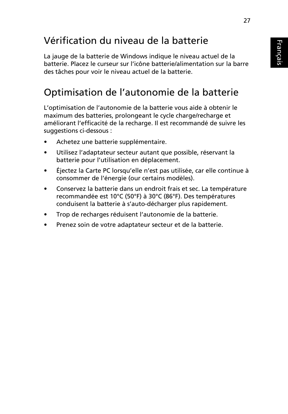 Vérification du niveau de la batterie, Optimisation de l’autonomie de la batterie, Français | Acer Aspire One AO722 User Manual | Page 107 / 1810