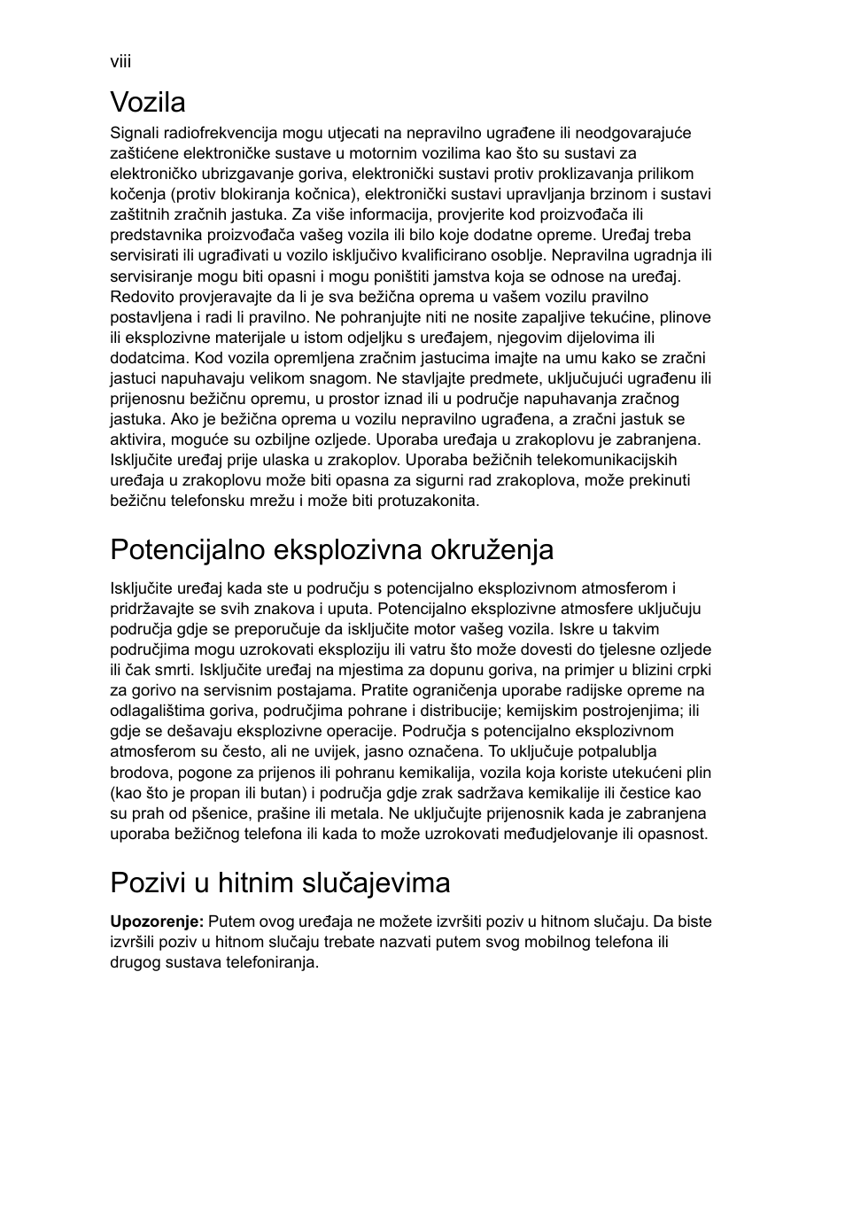 Vozila, Potencijalno eksplozivna okruženja, Pozivi u hitnim slučajevima | Acer Aspire One AO722 User Manual | Page 1076 / 1810
