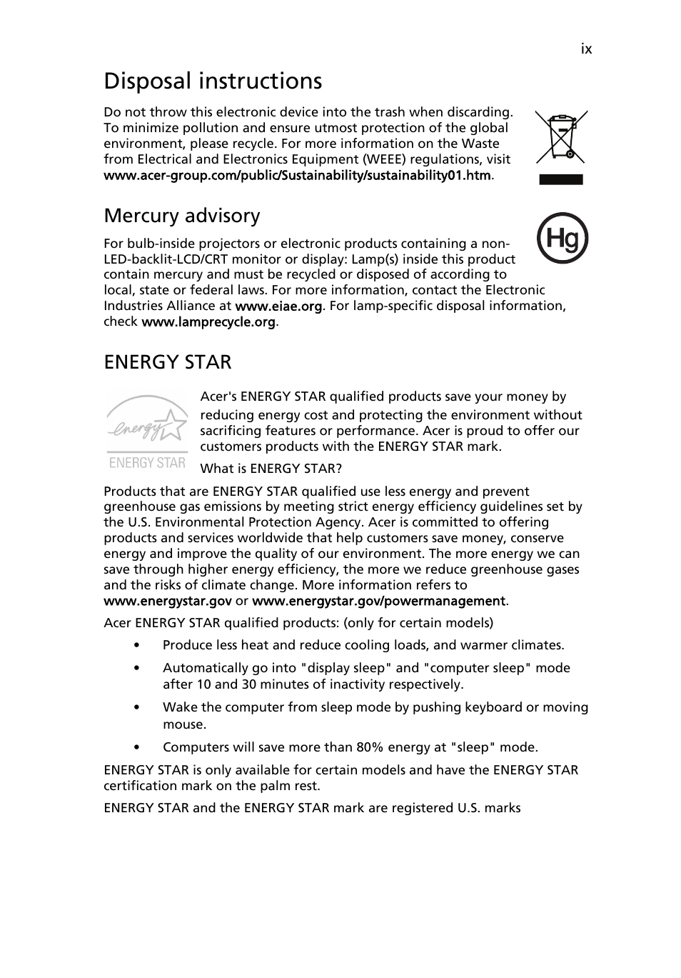 Disposal instructions, Mercury advisory, Energy star | Acer Aspire One AO722 User Manual | Page 11 / 1810