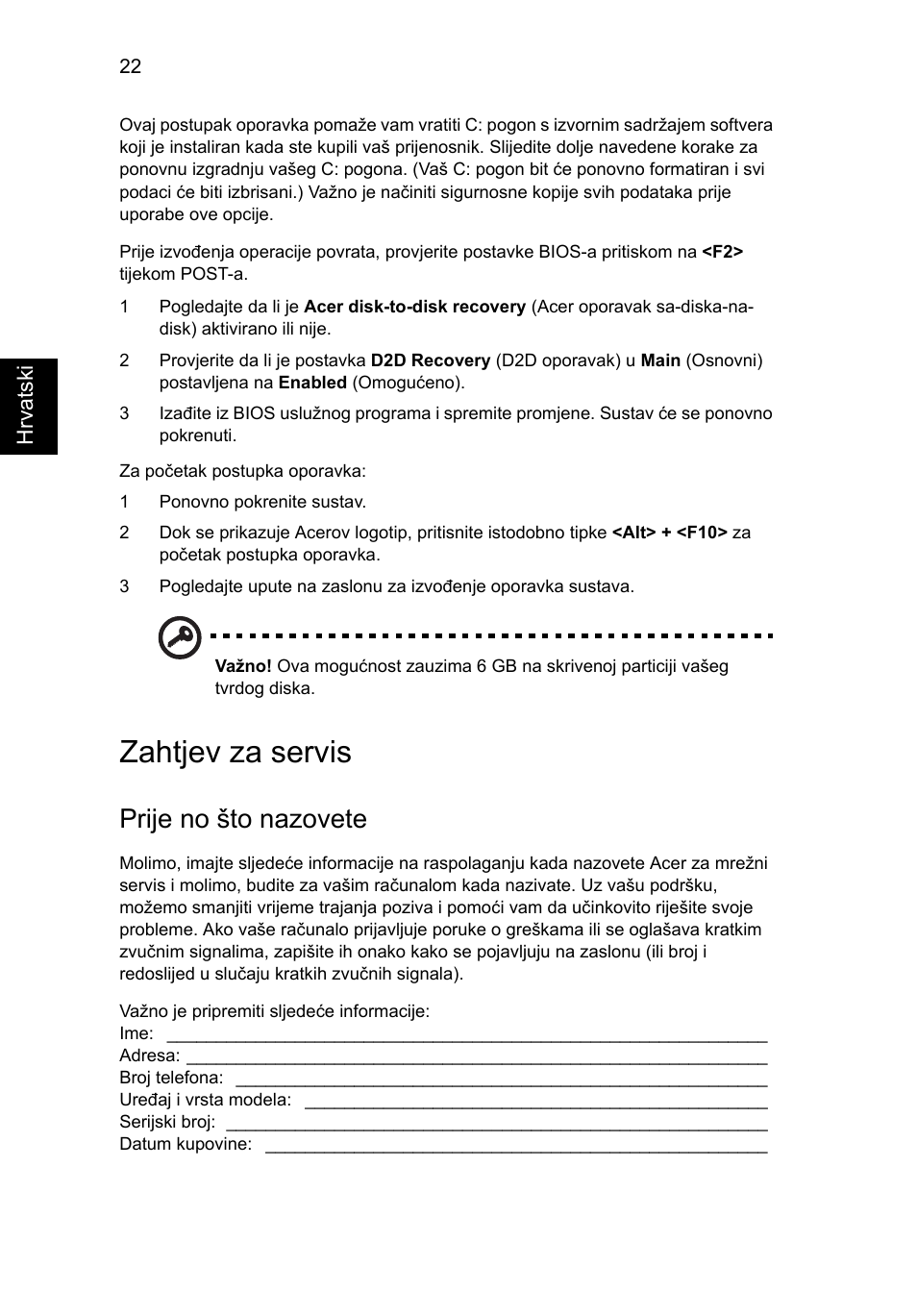 Zahtjev za servis, Prije no što nazovete | Acer Aspire One AO722 User Manual | Page 1108 / 1810