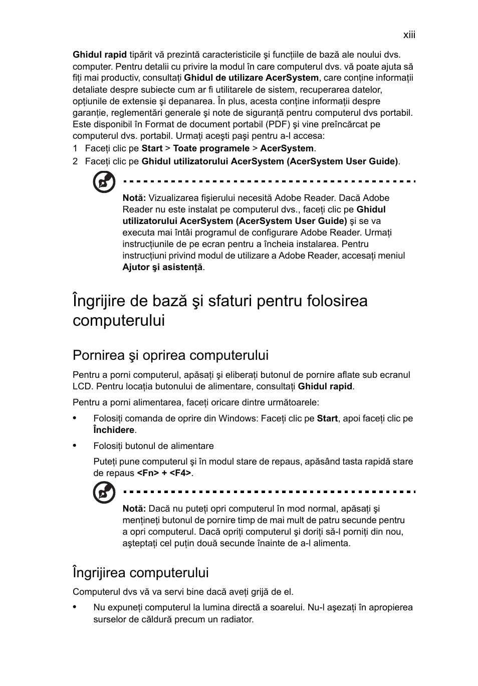 Pornirea şi oprirea computerului, Îngrijirea computerului | Acer Aspire One AO722 User Manual | Page 1141 / 1810