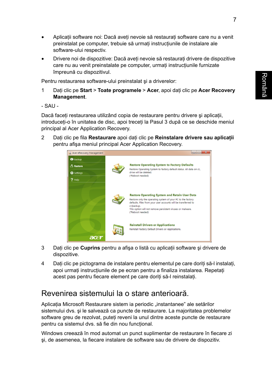 Revenirea sistemului la o stare anterioară | Acer Aspire One AO722 User Manual | Page 1153 / 1810
