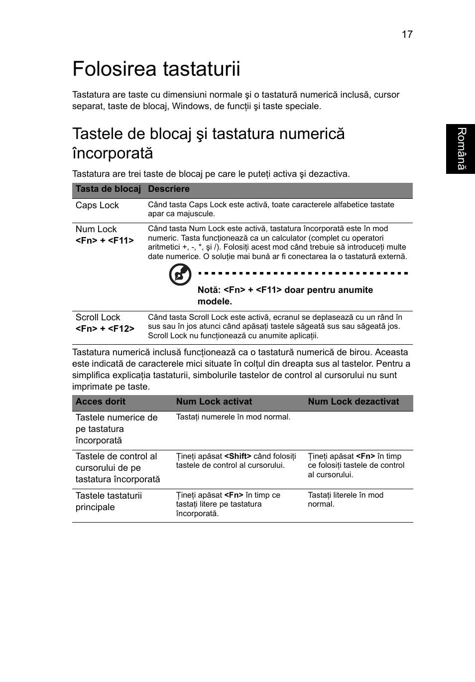 Folosirea tastaturii | Acer Aspire One AO722 User Manual | Page 1163 / 1810