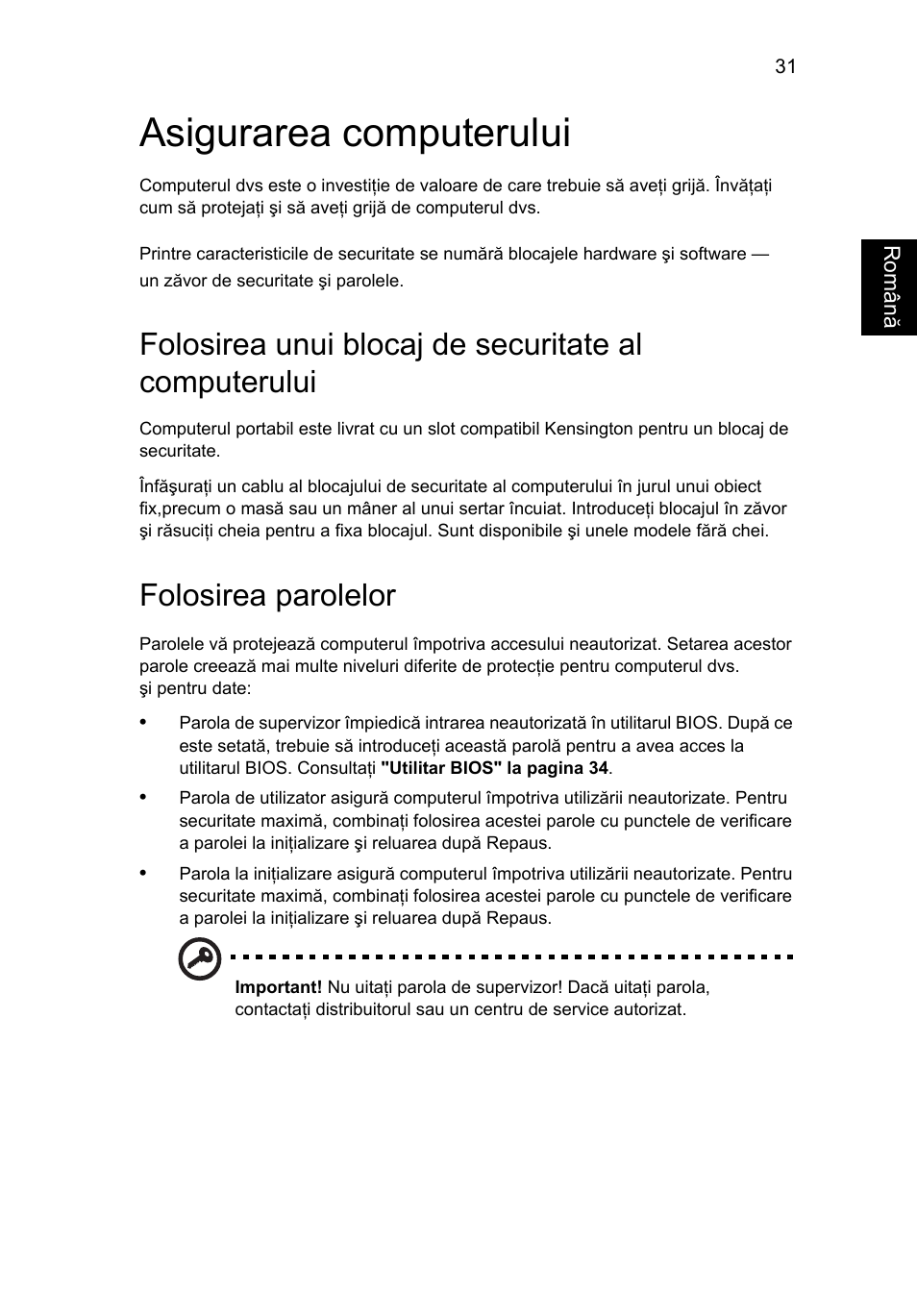 Asigurarea computerului, Folosirea parolelor | Acer Aspire One AO722 User Manual | Page 1177 / 1810