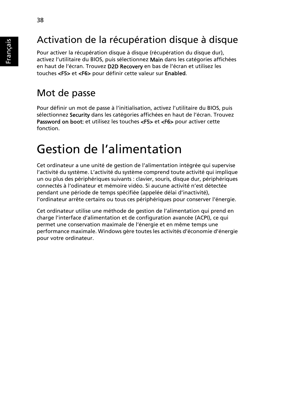 Gestion de l’alimentation, Activation de la récupération disque à disque, Mot de passe | Acer Aspire One AO722 User Manual | Page 118 / 1810