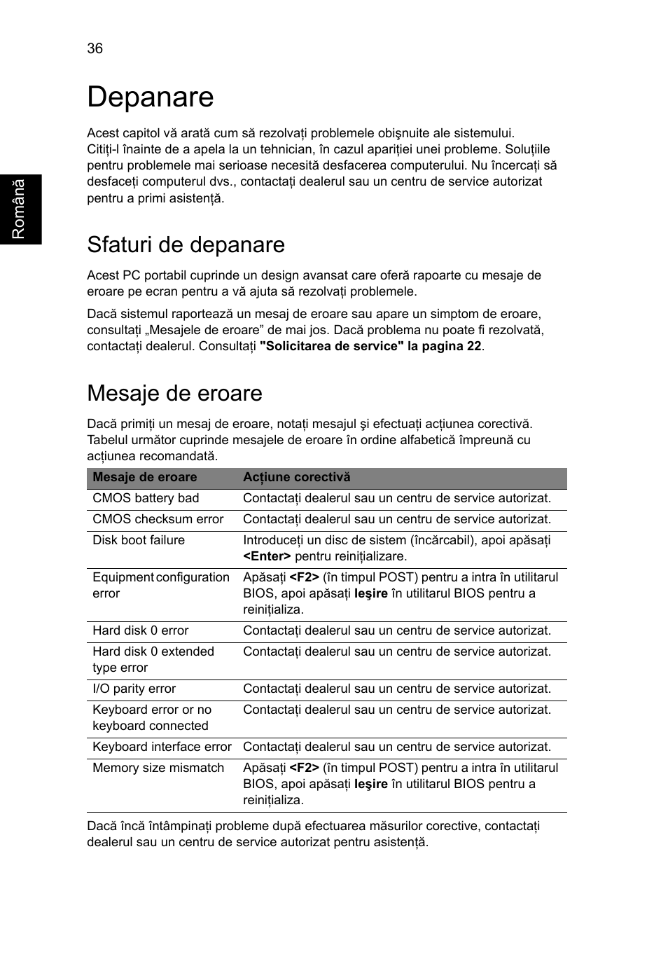 Depanare, Sfaturi de depanare, Mesaje de eroare | Acer Aspire One AO722 User Manual | Page 1182 / 1810