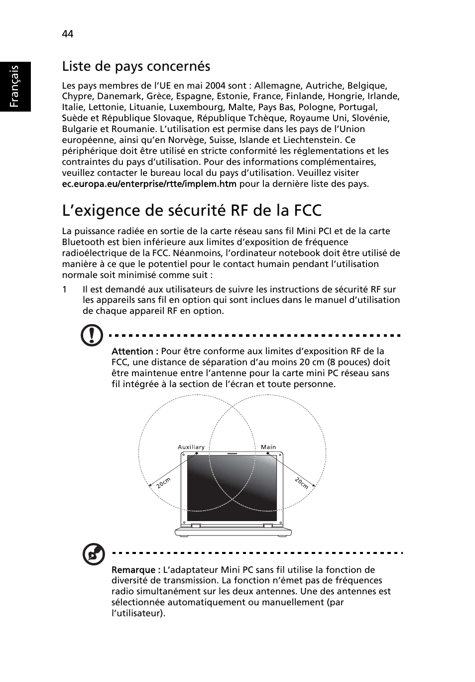 L’exigence de sécurité rf de la fcc, Liste de pays concernés | Acer Aspire One AO722 User Manual | Page 124 / 1810