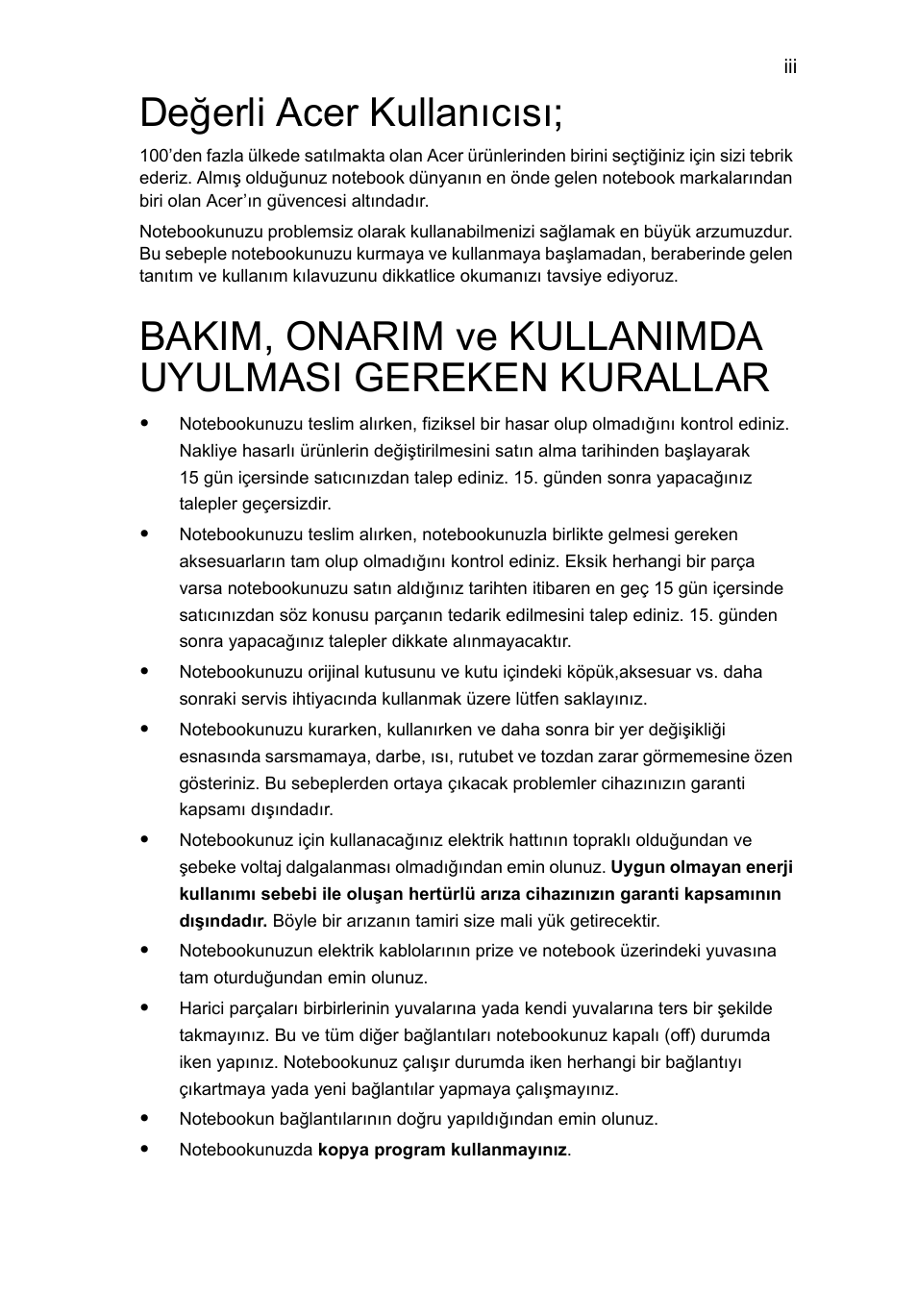 Değerli acer kullanıcısı | Acer Aspire One AO722 User Manual | Page 1385 / 1810