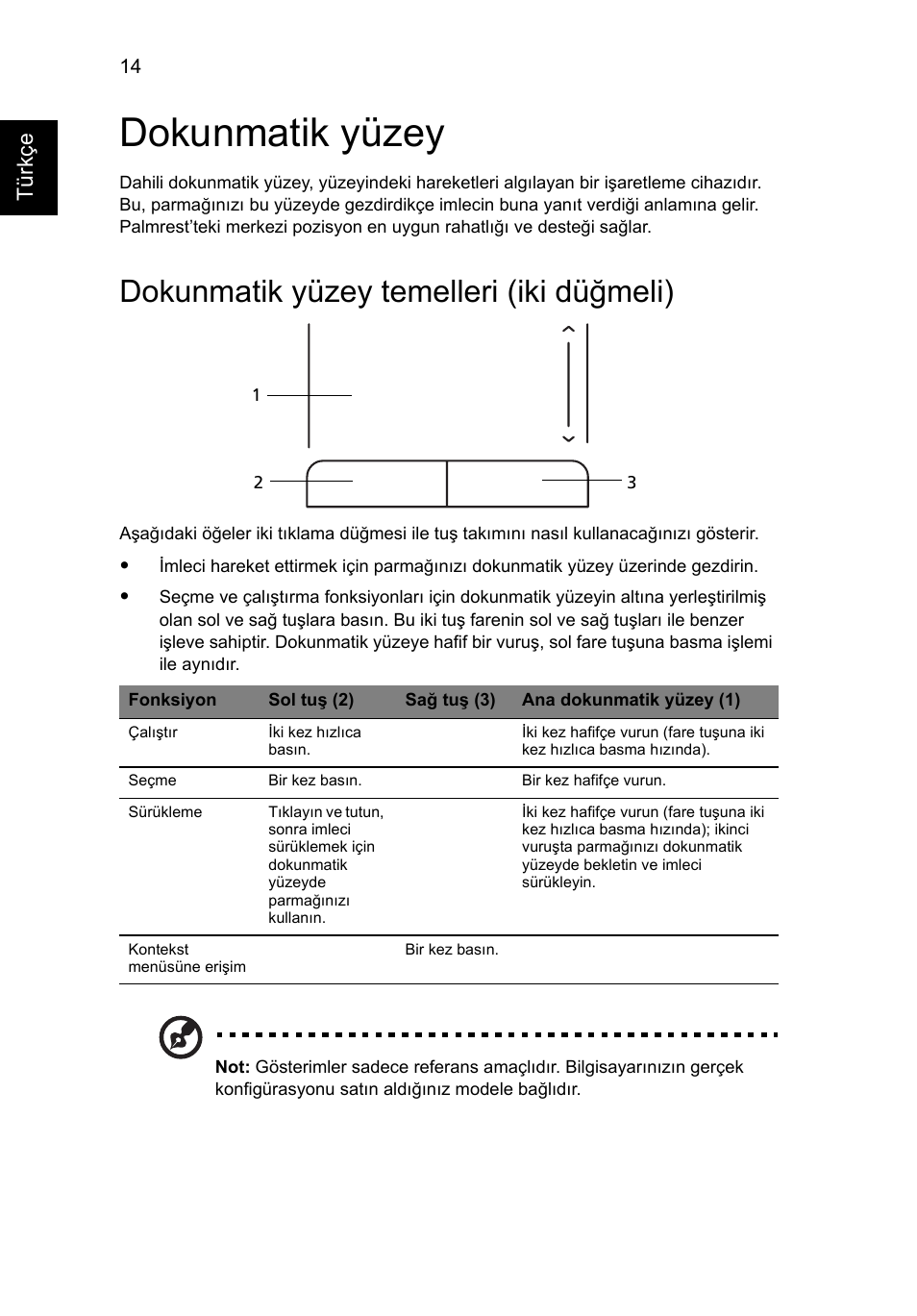 Dokunmatik yüzey, Dokunmatik yüzey temelleri (iki düğmeli) | Acer Aspire One AO722 User Manual | Page 1422 / 1810