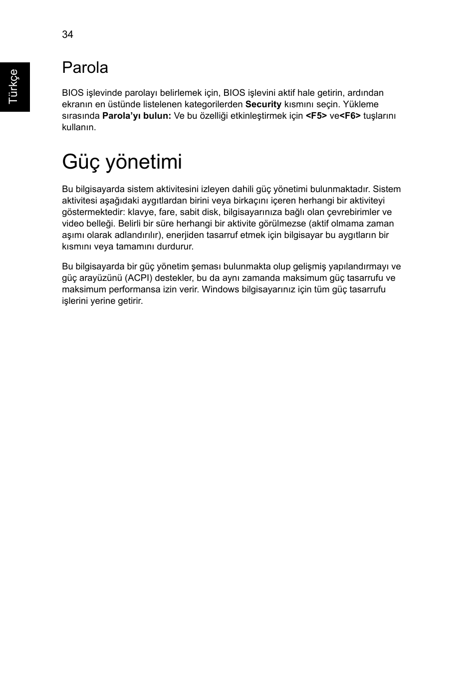 Güç yönetimi, Parola | Acer Aspire One AO722 User Manual | Page 1442 / 1810