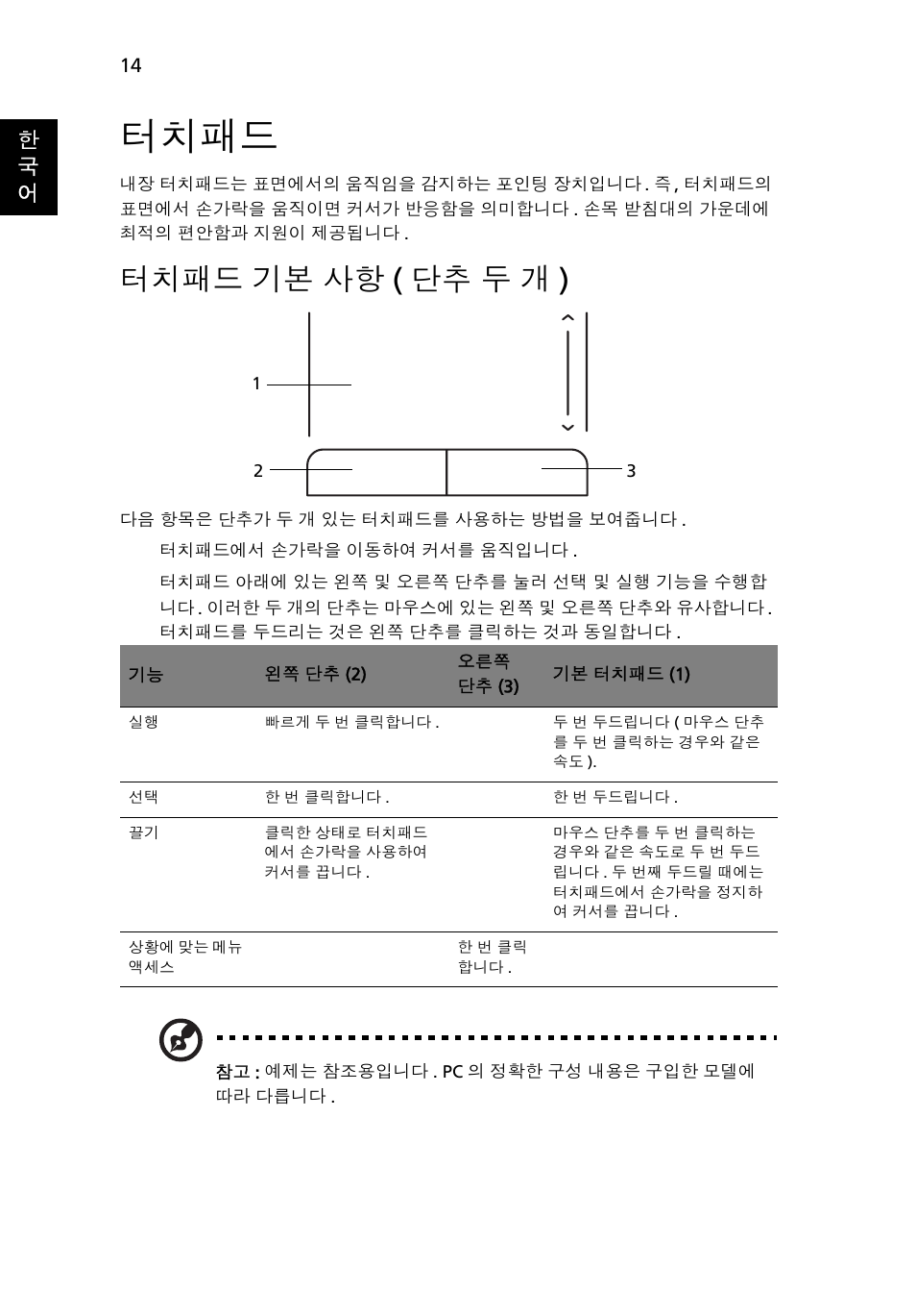 터치패드, 터치패드 기본 사항(단추 두 개), 기본 사항 ( 단추 두 개 ) | 터치패드 기본 사항 ( 단추 두 개 ), 한 국 어 | Acer Aspire One AO722 User Manual | Page 1546 / 1810