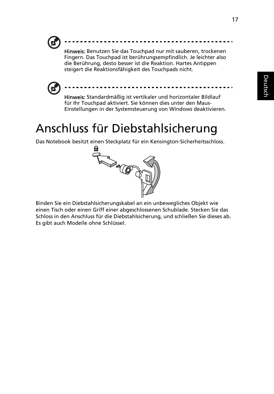 Anschluss für diebstahlsicherung | Acer Aspire One AO722 User Manual | Page 163 / 1810