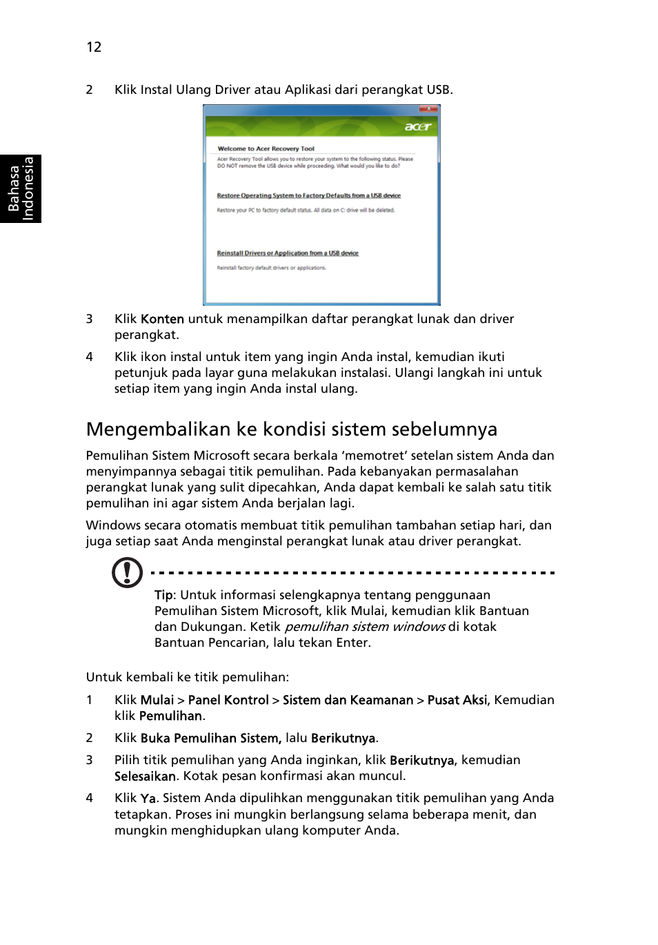 Mengembalikan ke kondisi sistem sebelumnya | Acer Aspire One AO722 User Manual | Page 1718 / 1810