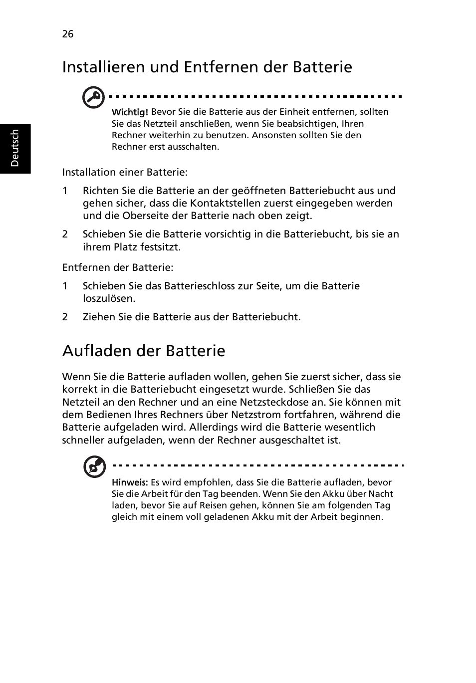 Installieren und entfernen der batterie, Aufladen der batterie | Acer Aspire One AO722 User Manual | Page 172 / 1810