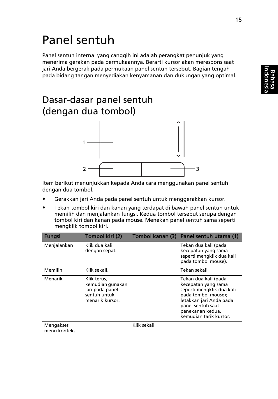 Panel sentuh, Dasar-dasar panel sentuh (dengan dua tombol) | Acer Aspire One AO722 User Manual | Page 1721 / 1810