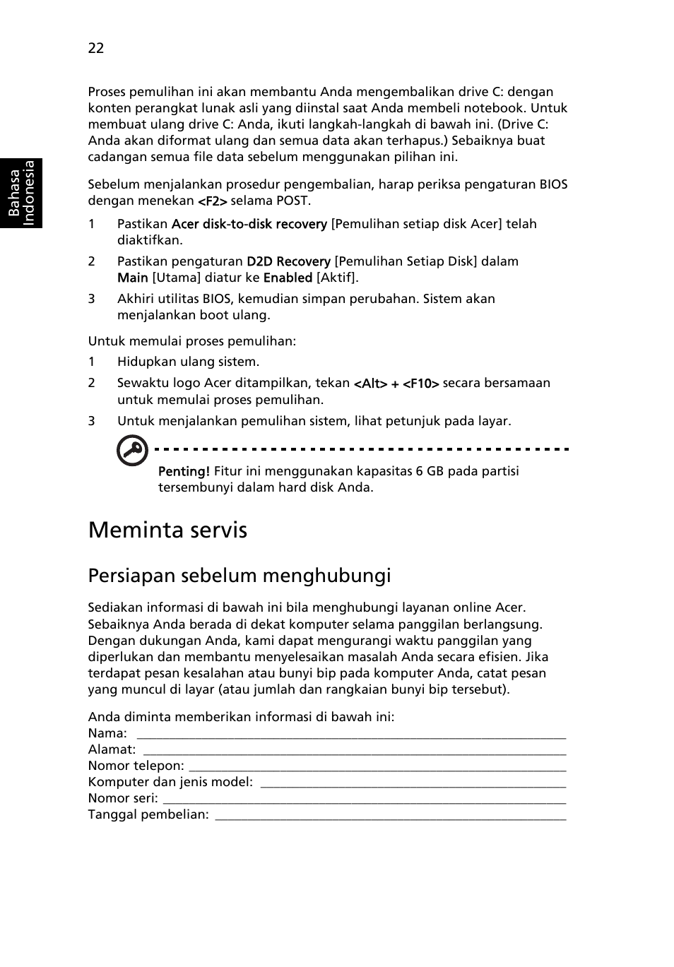 Meminta servis, Persiapan sebelum menghubungi | Acer Aspire One AO722 User Manual | Page 1728 / 1810