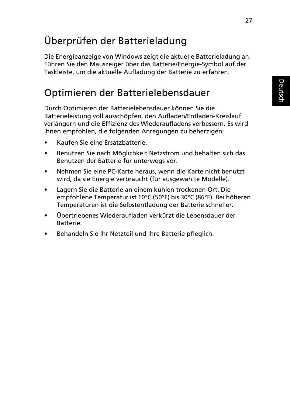 Überprüfen der batterieladung, Optimieren der batterielebensdauer | Acer Aspire One AO722 User Manual | Page 173 / 1810