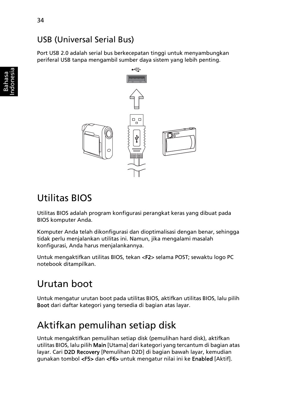 Utilitas bios, Usb (universal serial bus), Urutan boot | Aktifkan pemulihan setiap disk | Acer Aspire One AO722 User Manual | Page 1740 / 1810
