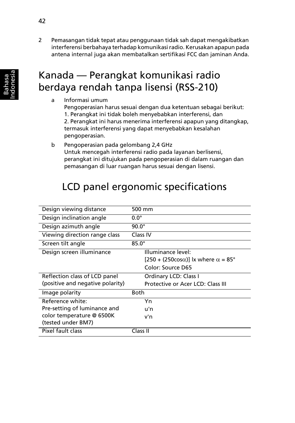 Lcd panel ergonomic specifications, Kanada — perangkat komunikasi radio berdaya, Rendah tanpa lisensi (rss-210) | Acer Aspire One AO722 User Manual | Page 1748 / 1810