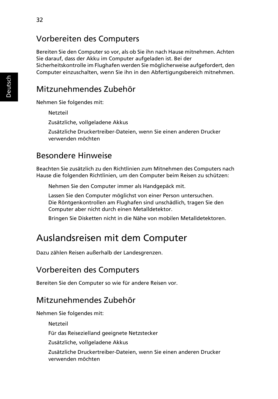 Auslandsreisen mit dem computer, Vorbereiten des computers, Mitzunehmendes zubehör | Besondere hinweise | Acer Aspire One AO722 User Manual | Page 178 / 1810