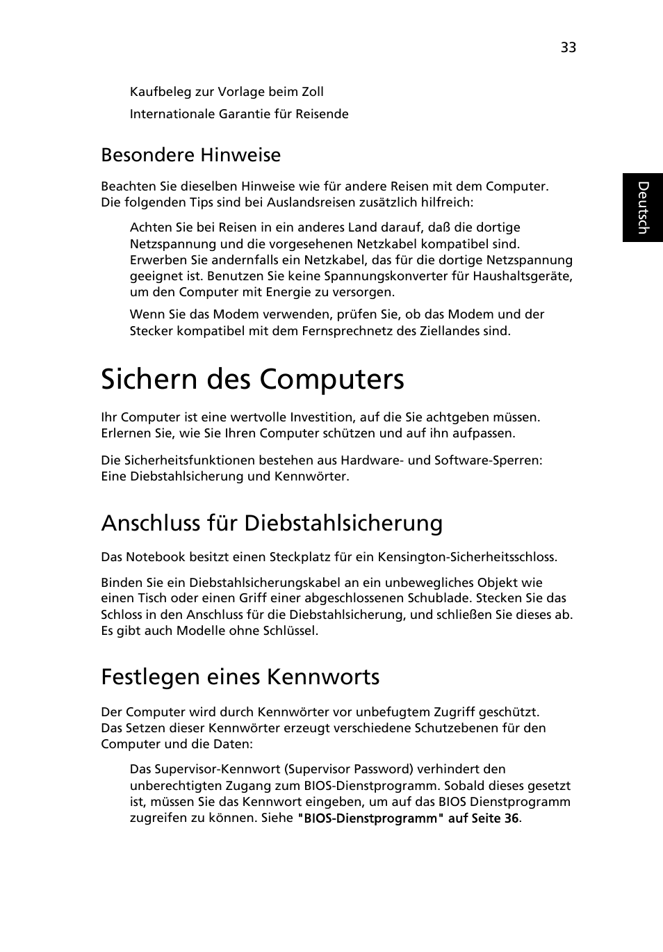 Sichern des computers, Anschluss für diebstahlsicherung, Festlegen eines kennworts | Besondere hinweise | Acer Aspire One AO722 User Manual | Page 179 / 1810