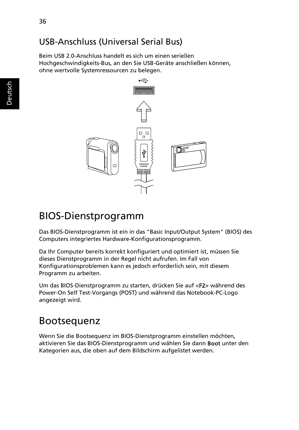 Bios-dienstprogramm, Usb-anschluss (universal serial bus), Bootsequenz | Acer Aspire One AO722 User Manual | Page 182 / 1810