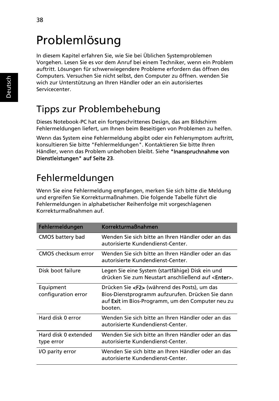 Problemlösung, Tipps zur problembehebung, Fehlermeldungen | Acer Aspire One AO722 User Manual | Page 184 / 1810