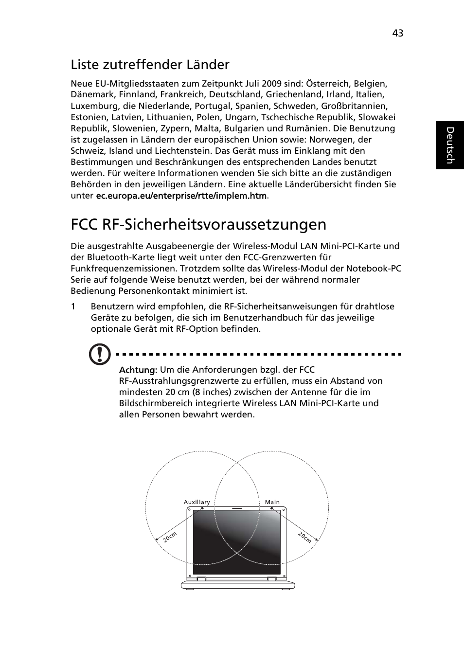 Fcc rf-sicherheitsvoraussetzungen, Liste zutreffender länder | Acer Aspire One AO722 User Manual | Page 189 / 1810